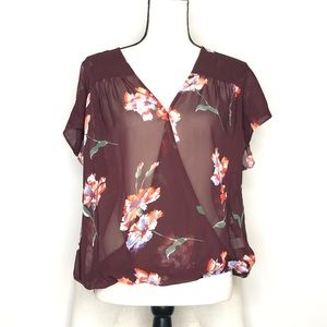 Lucky Brand Floral Maroon Sheer Drape Top Sz S